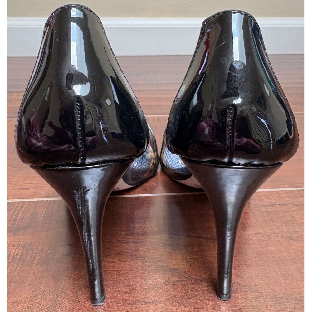 Snakeskin Mixed Media Stiletto Pumps Clear Heels Black Patent Pointed Toe 9.5 41 - Picture 3 of 9
